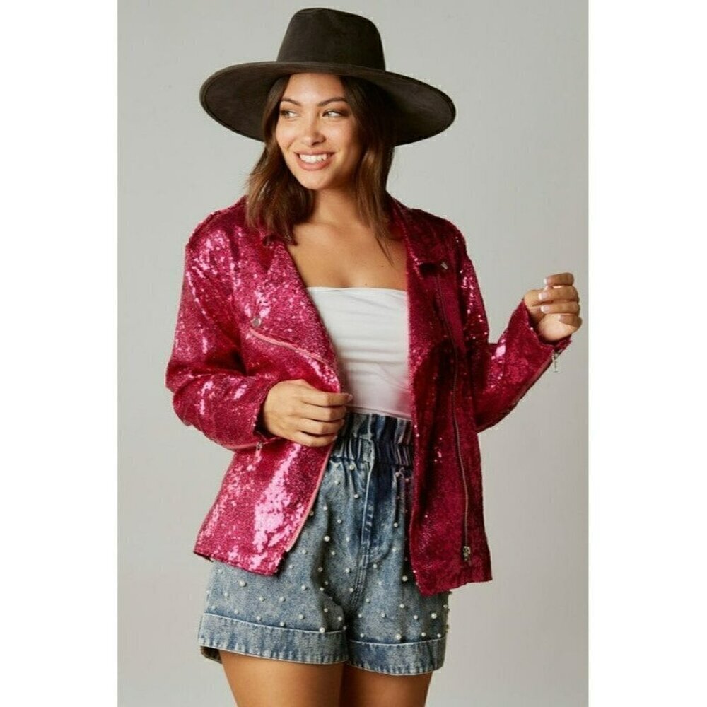 Make Way for Sequin Moto Jacket in Fuchsia - Picture 3 of 11